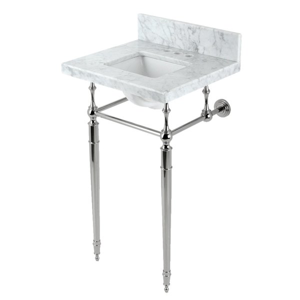 Kingston Brass 19 Carrara Marble Console Sink with Brass Legs 4 Faucet Drillings, Marble WhitePolished Nickel KVPB1917M34SQ6